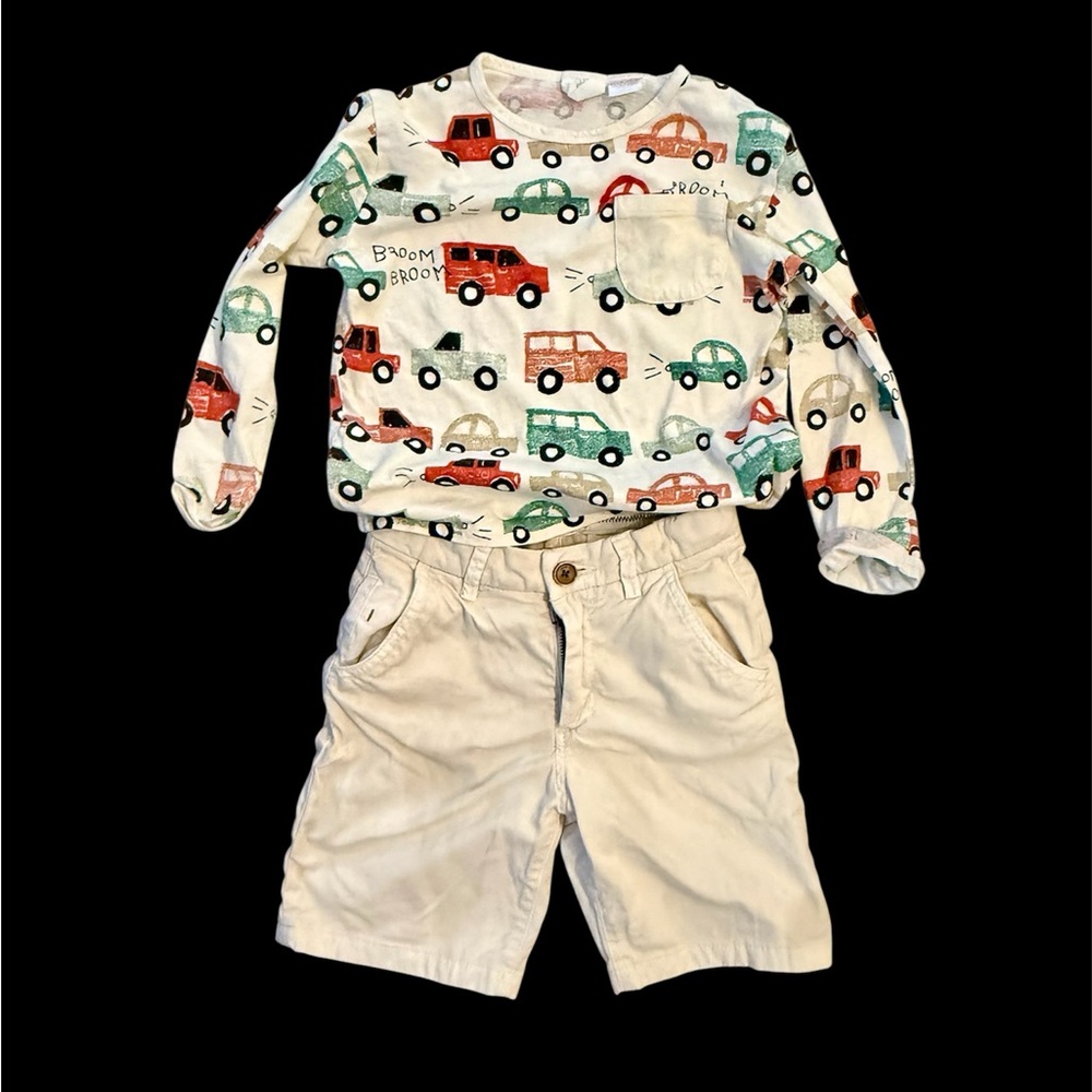 Kids Car Print Long Sleeve Shirt and Beige Shorts Set size 5/6